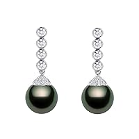 18k White Gold AAAA Quality Black Tahitian Cultured Pearl Dangle Earrings with Diamonds for Women - PremiumPearl