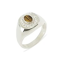 18k White Gold Natural Tigers Eye & Diamond Mens Signet Ring - Sizes 6 to 12 Available (0.14 cttw, H-I Color, I2-I3 Clarity)