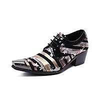 Men Pink Oxford Shoes Lace Up Metal Pointed Toe High Chunky Heel Multicolored Stripes Premium Genuine Leather