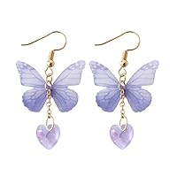 Cute Butterfly Earrings Heart- shaped Long Drops Crystal Dangle Hanging Ear Hook Wedding Jewellery Ornaments for Women Girls - Purple Comfortable and Environmentally