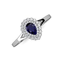 Pear Cut 7x5 mm Blue Sapphire Round Diamond 1 1/6 ctw Women Halo Engagement Ring 14K Gold