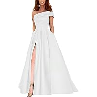 One Shoulder Satin Slit Women's Prom Dresses Long A-Line Wedding Evening Gowns Formal Party Dresses