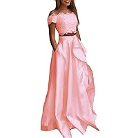 Women's Off Shoulder High Low Prom Dresses Beaded Two Piece Lace Long Formal Party Gowns Cap Sleeves