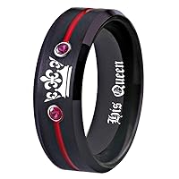 Free Custom Engraving Her King or His Queen Ring Promise Wedding Ring Engagement Ring Annivesary ring in Black Tungsten Carbide Rings With Two White CZ-Matching Promise Rings for Couples
