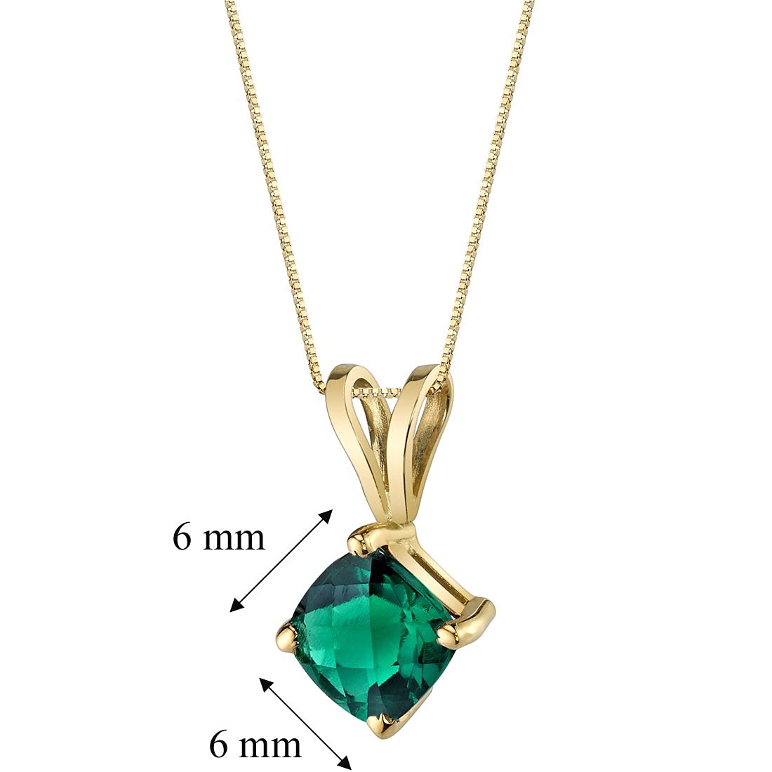 Peora Created Emerald Pendant for Women 14K Yellow Gold, Classic Solitaire, 0.75 Carat, Cushion Cut, 6mm, AAA Grade