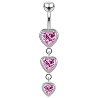Fancy CZ Gemstone Triple Heart Dangling 925 Sterling Silver with Grade 23 Solid Titanium Belly Button Ring