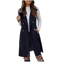 Women's Sleeveless Open Front Long Cardigan Vest Casual Solid Lapel Double Breasted Vest Blazer Jacket with Pockets