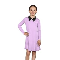 Girls Plain Pastel Swing Dress Peter Pan Collar Kids Long Sleeve Flared Mini Top
