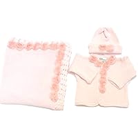 Knitted & Crochet Finished Pink Cotton Sweater Hat with Chiffon Roses Blanket.