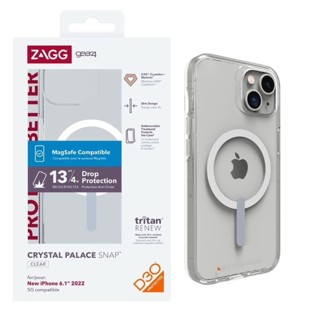 ZAGG Gear4 Crystal Palace Snap Case - Clear iPhone Case, D30 Drop Protection (13ft/4m), Anti-Yellowing Properties, Edge-to-Edge Protection, Magsafe Compatible iPhone 14 Case