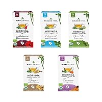 Miracle Tree - Organic Moringa Superfood Tea, 5 Pack Bundle, 5x25 Individually Sealed Tea Bags (Hibiscus, Original, Green Tea, Ginger, Turmeric)