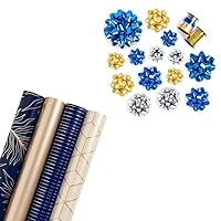 WRAPAHOLIC Gold and Navy Print Wrapping Paper Set & Gift Bow Set - for Birthday, Holiday, Father's Day