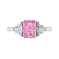 2.97ct Emerald Trillion cut 3 stone Solitaire with Accent Pink Simulated Diamond designer Modern Ring 14k White Gold