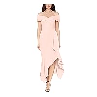XSCAPE Womens Pink Zippered Ruffled Hi-lo Hem Lined Short Sleeve Off Shoulder Maxi Formal Fit + Flare Dress Petites 10P