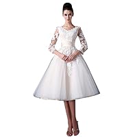 Mollybridal Tea Length V Neck Wedding Dress Lace with 3/4 Illusion Sleeves Short Sleeves