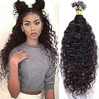 Curly Micro Loop Ring Human Hair Extension Brazilian Water Wave Pre Bonded Micro Beads Hair Extension Remy Micro Links Human Hair 100strands 100g (16inch 100strands, 1(Jet Black))