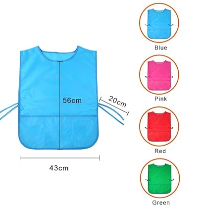 Pllieay 4Pcs 4 Colors Water Resistant Kids Art Smocks with 3 Pockets, Middle Size Children Artist Painting Aprons for Classroom, Kitchen Community Event, Crafts & Art Painting Activity, 5-10 Years