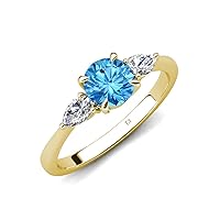Round Blue Topaz & Pear Shape Natural Diamond 1.35 ctw Women Three Stone Engagement Ring 14K Gold