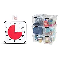 TIME TIMER 12 inch Visual Timer 60 Minute Kids Desk Countdown Clock & IRIS Stack & Pull Stackable Box 53.65QT, Clear, Set of 6