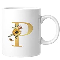 Monogram Letter P Coffee Mug Golden Letter Sunflower Flower Funny Coffee Mugs Inspired Monogram Ceramic Cup White Drinking Cups with Handle Christmas Gift For Cappuccino Espresso Latte Milk Tea 11oz