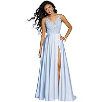 Women's Prom Dresses Spaghetti Straps Slit Lace Satin Formal Evening Party Gown with Pockets