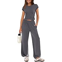 MEROKEETY Women's Summer 2 Piece Sets Cap Sleeve Crop Top Long Pant Lounge Set Casual Outfits Tracksuit
