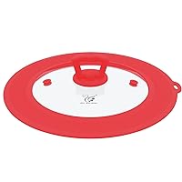 Vented Tempered Glass Universal Lid for Pot Pan Skillet with Heat Resistant Silicone Rim Microwave Splatter Lid Cover Microwave Safe Fit 9.5“ 10” 10.5“ 11” Cookware, Dishwasher Safe Red