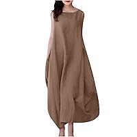 Womens 2024 Summer Loose Casual Tank Dress Sleeveless Crew Neck Cotton Linen Long Maxi Sundresses with Pockets Plus Size