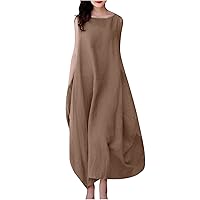 Women's Summer Casual Sleeveless Crewneck Cotton Linen Sun Dress Maxi Tunic Tank Beach Dresses with Pockets