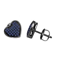 Mens & Ladies 0.27 Ct Round Blue Sapphire Heart Stud Earrings In 14K Black Gold Plated Silver