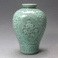 Korean Celadon Glaze Semi-Round Inlaid Crane and Chrysanthemum Flower Inlay Design Green Decorative Porcelain Ceramic Pottery Home Decor Accent Vase
