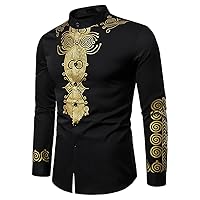 Men's Slim Fit Standing Neck Printed Shirt Youth Casual Long Sleeved Shirt