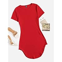 Necklaces for Women Solid Asymmetrical Hem Tee Dress (Color : Red, Size : XL)