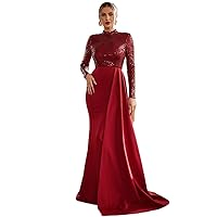 Womens Dress Dresses Mock Neck Draped Side Sequin Prom Dress ENVEED (Color : Red, Size : Large)