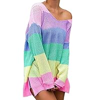 Women Oblique Shoulder Long Sleeve Sweater Top Loose Rainbow Patchwork Jumper Fashion Crochet Knit Color Block Pullover