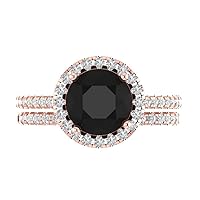 2.69ct Round Cut Halo Pave Solitaire with Accent Genuine Natural Black Onyx Statement Bridal Ring Band Set 14k Rose Gold