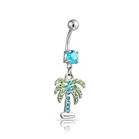 Nautical Tropical Beach Dangle Green Blue Crystal Palm Tree Bar Navel Belly Ring For Women 316L Stainless Steel 14 Gauge