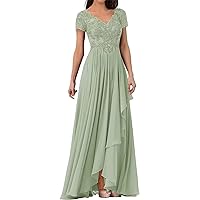 V Neck Lace Applique Long Mother of The Bride Wedding Dresses Women's Cap Sleeve Chiffon Formal Party Dress