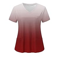 Nurse Uniforms for Women 2024 Gradient Summer Scrub Short Sleeve Tops V-Neck Casual Tunic Blouse with Pockets