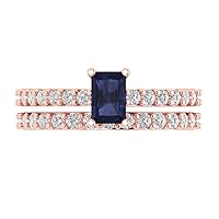 Clara Pucci 1.41ct Emerald Cut Solitaire Genuine Blue Sapphire Simulant Engagement Promise Anniversary Bridal Ring Band set 18K Rose Gold