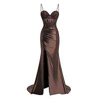 Spaghetti Strap Sweetheart Satin Prom Dresses with Split Lace Appliques Pleated Mermaid Long Evening Gown TM13