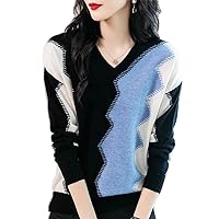 Women's Contrast Style V-Neck Korean Fashion Patchwork Knitted Pullovers Female Simple Soft Slim Knitwear