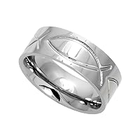 8mm Surgical Stainless Steel Christian Fish Wedding Band Ichthys Ring Comfort-Fit, Sizes 6-14