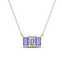 Emerald Cut GIA Certified Natural Diamond & Tanzanite 1 1/5 ctw Women Three Stone Pendant Necklace 14K Gold
