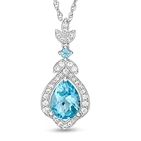 Pear Cut Created Blue Topaz & 0.15 CT Diamond Pear Cut Drop Pendant Necklace 14k White Gold Over