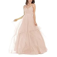 Spaghetti Straps Glitter Evening Dresses V-Neck Tiered Tulle Prom Dress Long Peach