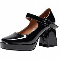 Women's Platform Chunky Heels Square Toe Block Heel Mary Janes Pumps Shoes