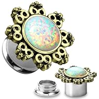 WildKlass Jewelry Lotus Flower Opal Stone 8G (3mm) Screw Fit Tunnels *Sold as Pairs*