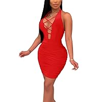 Antopmen Women Summer V Neck Sleeveless Front Lace Up Backless Ruched Bodycon Mini Club Dress