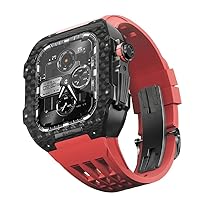 Luxury Carbon Fiber Modification Kit for iWatch 6 5 4 44MM Alloy Steel Metal Case Rubber Strap Set for Apple Watch Series 7 45mm (Color : Red, Size : 45mm for 7)